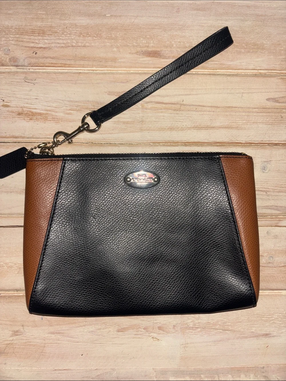 Coach Two-Tone Black and Brown Leather Wristlet with Gold Hardware